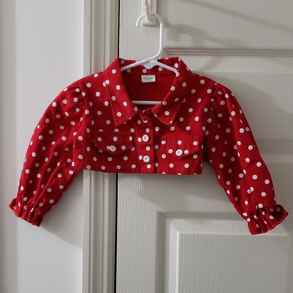 Red and White Polka Dot Cropped Jacket  Size: 18-24 Months
